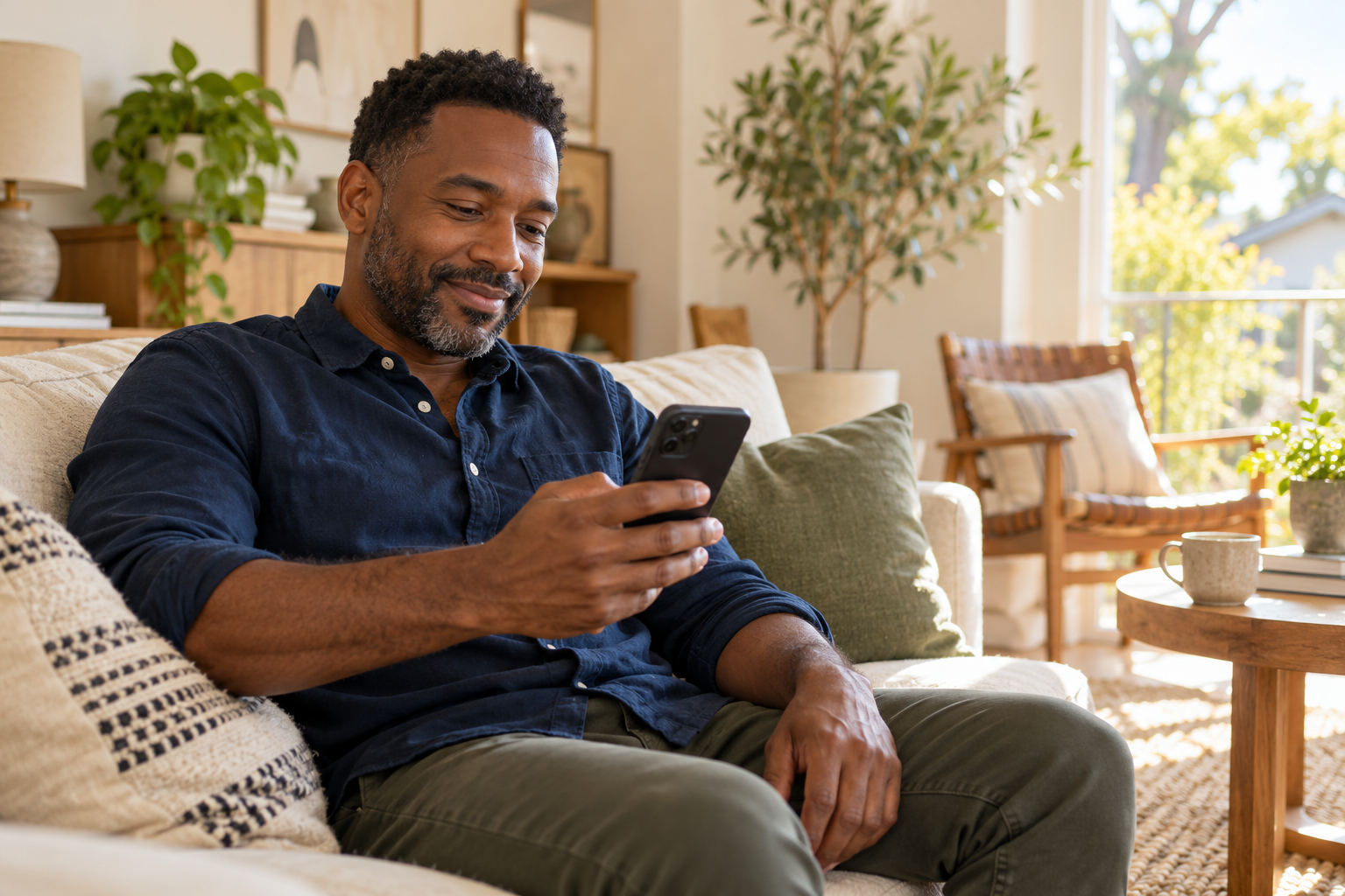A man reading a message on his phone at home.